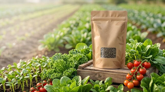 Organic Fertilizer Pouch In Green Vegetable Garden