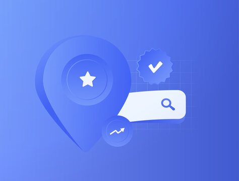 Business listing optimization with verified profiles, local search visibility and map ranking. Local SEO, location marketing and online business presence vector illustration.