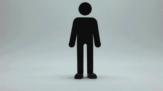 Clean minimalist stick figure animation of a human jumping forward, controlled motion arc, centered composition, white background