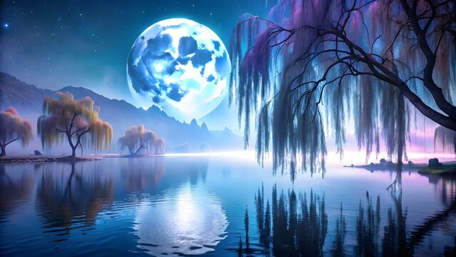 Enchanting moonlit night over a serene lake with weeping willow trees
