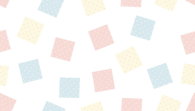 Scatting pastel colored fabric squares with polka dot patterns drifting across a clean white background in a seamless tile.