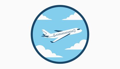 Fototapeta premium Jet airplane flying high in a blue sky filled with fluffy white clouds, enclosed in a dark blue circular frame against a white background.