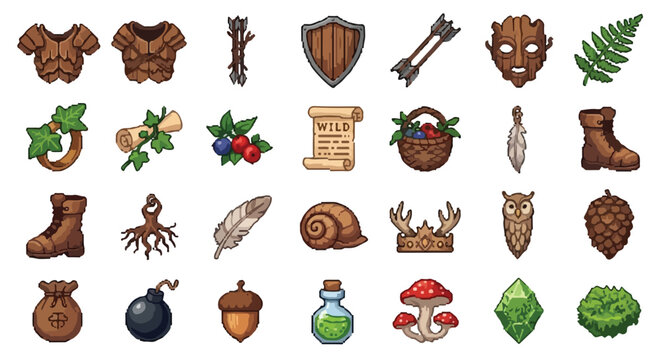 A diverse collection of stylized vector game icons with a natural forest and fantasy druid theme, featuring armor, nature items, and artifacts.