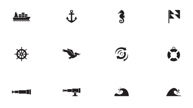 Nautical Icon Set Flat Vector Marine Sea Symbols Collection