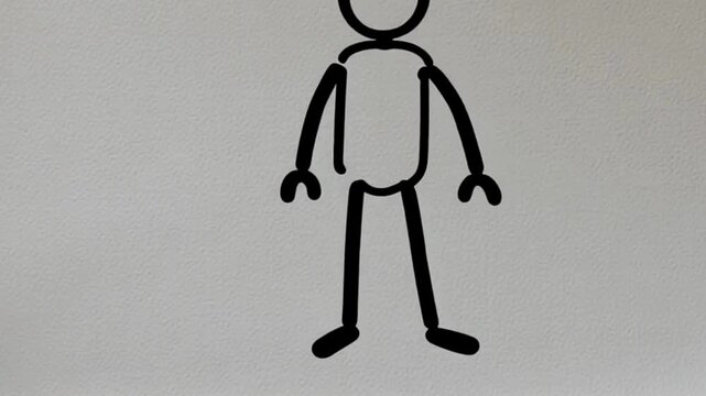 Clean minimalist stick figure animation of a human shifting from sitting to standing, smooth transition, white background