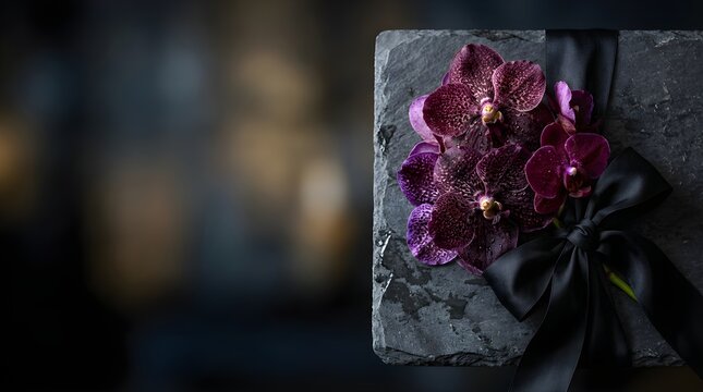 Dark purple orchid flowers on a slate board with a black bow for luxury gift