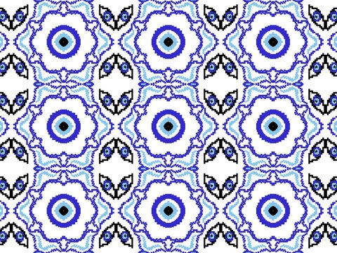 Evil Eye Pixel Art Seamless Pattern with Geometric Blue Tile Motif