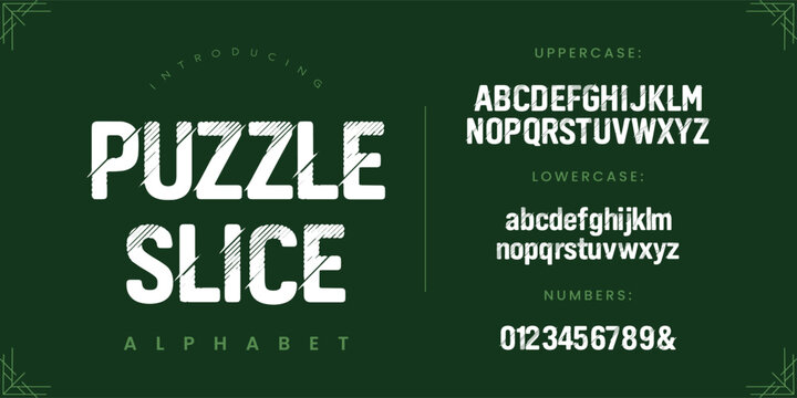Puzzle slice cut diagonal line effect font typography alphabet letters set