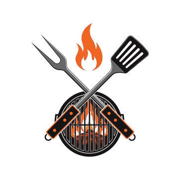 Vector graphic of crossed spatula and barbecue fork over a round charcoal grill with orange flames and burning coals, isolated on white background for culinary branding.