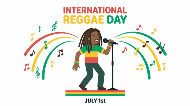 Illustration celebrating International Reggae Day with a dreadlocked singer performing on stage with musical notes and colorful sound waves.