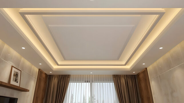 A modern living room ceiling featuring a rectangular recessed design with warm LED strip lighting and spotlights, creating an inviting ambiance.