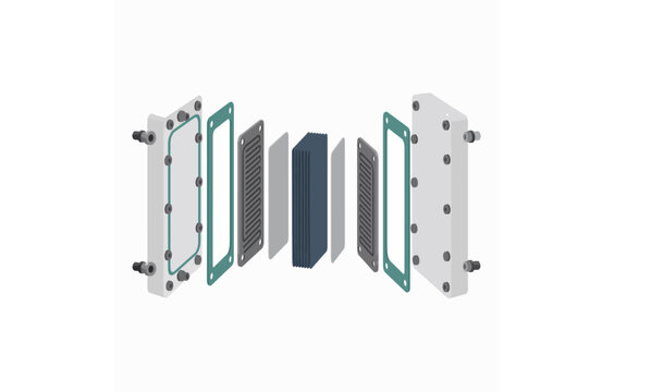 Hydrogen fuel cell exploded view diagram, industrial proton exchange membrane stack illustration, renewable energy technology vector EPS