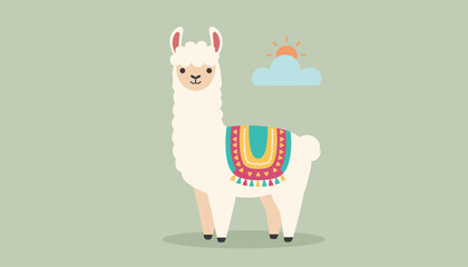 Obraz premium Cute white cartoon llama with a colorful saddle blanket standing under a sun and cloud in vector.