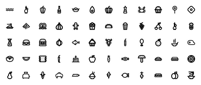 Food set icon pack. Minimal thin line vector icons. Food related icons set. Featuring bacon, avocado, pizza, burger, ice cream, salad, pasta, cake, donut, muffin, and more. Editable stroke.