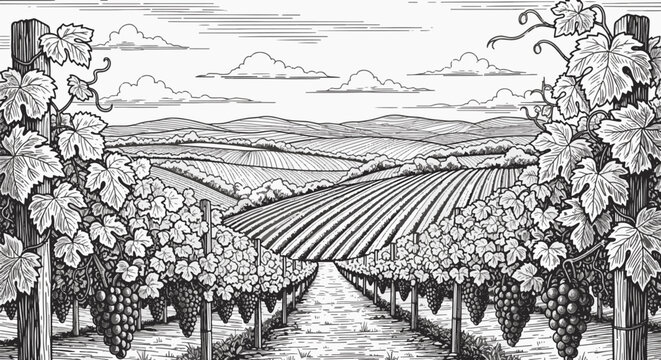 Black and white vineyard landscape etching illustration featuring rows of grapevines with clusters of grapes, rolling hills, agricultural fields, and a cloudy sky in a woodcut style.