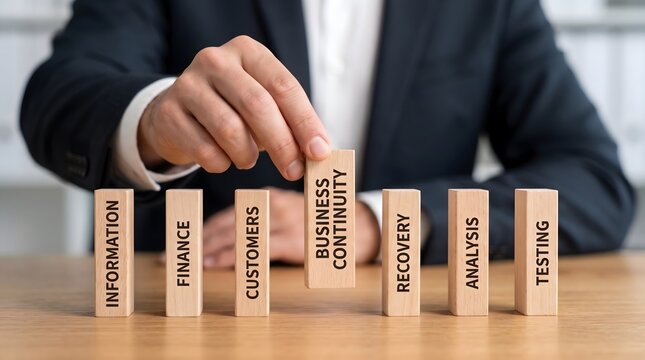 Male executive stacking business continuity blocks on desk