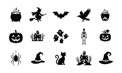 Fototapeta premium Set of black Halloween silhouettes and spooky icons featuring witch pumpkin ghost skeleton haunted house and cat for holiday party design