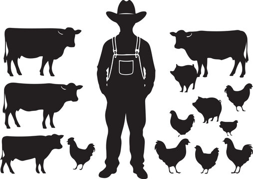 Silhouette of a farmer with cows and chickens farm animals