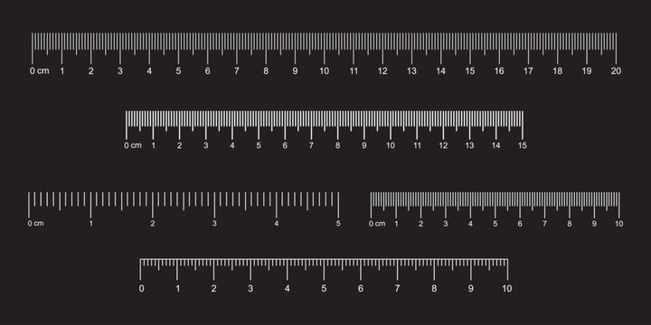 Ruler scales 1to 10, 15, 20centimeters, inches markup, numbers. Measuring sticks. Distance, height, length measurement, sewing tool black mockup. Measuring chart, metric, imperial units icon template.