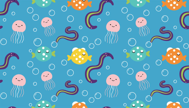 Seamless background pattern featuring cute cartoon jellyfish, colorful puffer fish, and purple sea eels in blue water.