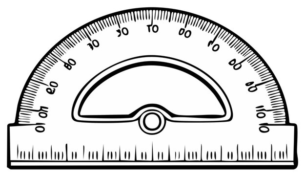 Detailed illustration of a protractor with clear markings for measuring angles and degrees