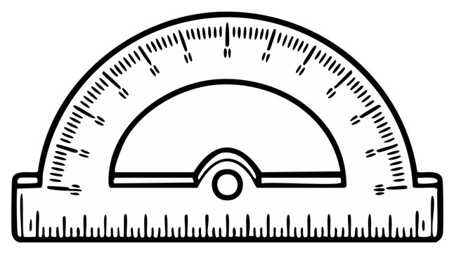 Black and white hand-drawn protractor for geometry, math, and school concepts