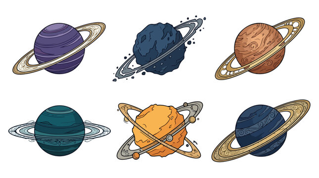 Collection of six colorful planets with rings and moons in space, illustrating astronomy and celestial bodies