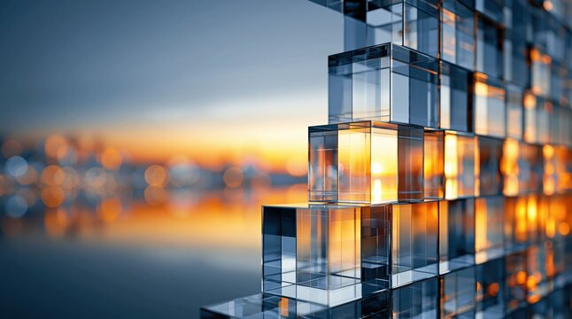 Transparent crystal blocks form a futuristic abstract structure beside a blurred skyline, reflecting warm sunset light over calm water.