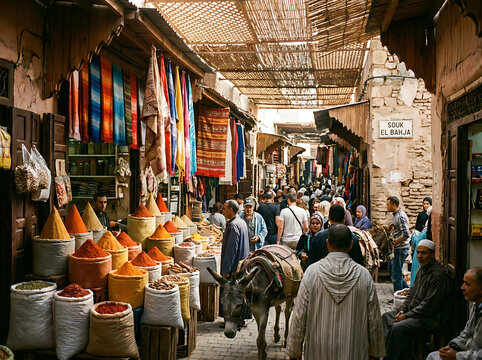 Vibrant Market Scene with Spices and Crowds in a Traditional Street Setting