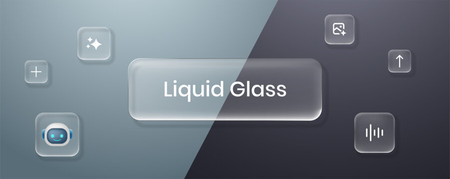 Liquid glass ui buttons and 3d transparent frame with artificial intelligent icons. Element web frame with badge and texture. Shape interface glass with white and dark divide background.