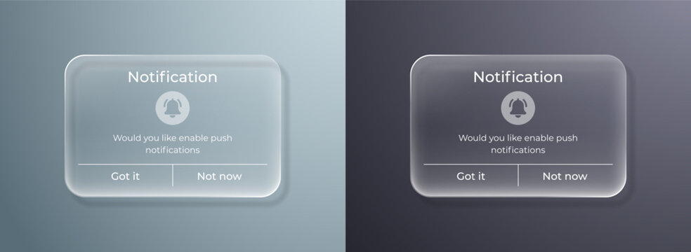 3D liquid glass phone notification interface with reminder popup window. Modern mobile app alert message ui interface element isolated on frosted transparent background