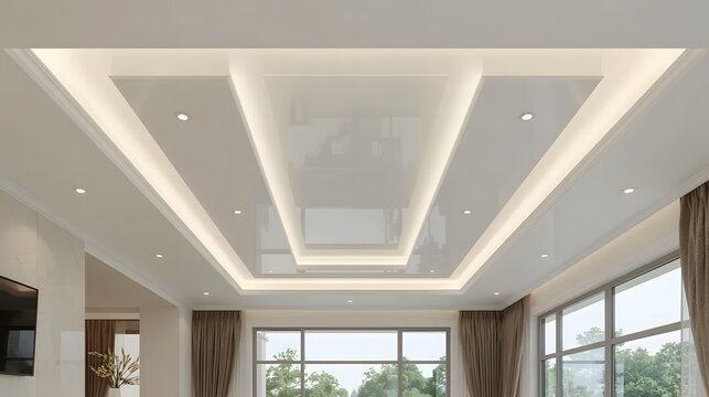 Modern living room with a sophisticated recessed ceiling design featuring integrated LED lighting and spotlights.