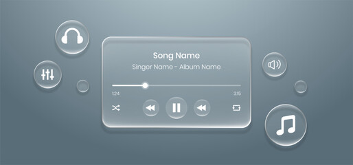 Naklejka premium music media player in liquid glass style. Multimedia interface with glassmorphism buttons and progress bar. Music player digital application control component for smartphone or web