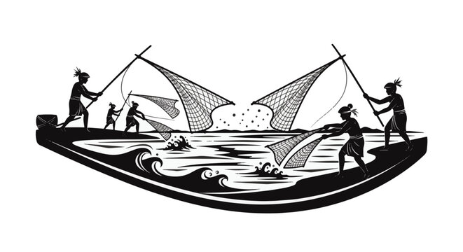 Black and white silhouette vector illustration of ancient tribal fishermen using traditional dip nets and cast nets to catch fish in rolling waves on a white background.