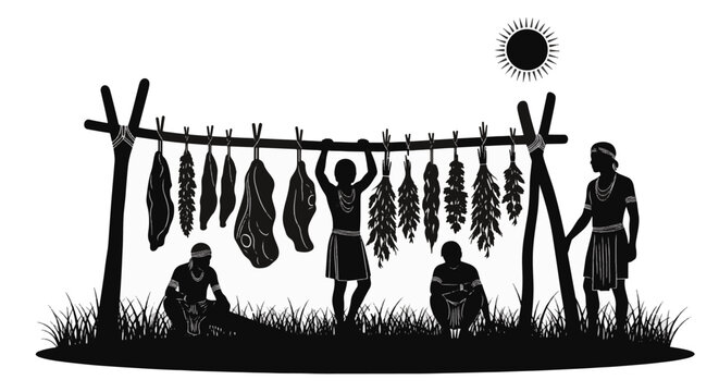 Black and white silhouette vector illustration of ancient tribal people preserving food by drying meat and herbs on a wooden rack under the sun in a grassy outdoor setting.