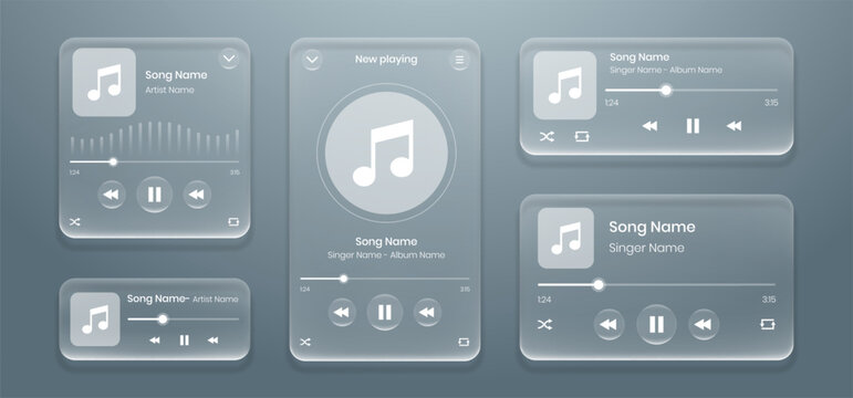 Set of music media player in liquid glass style. Multimedia interface with glassmorphism buttons and progress bar. Music player digital application control component for smartphone or web