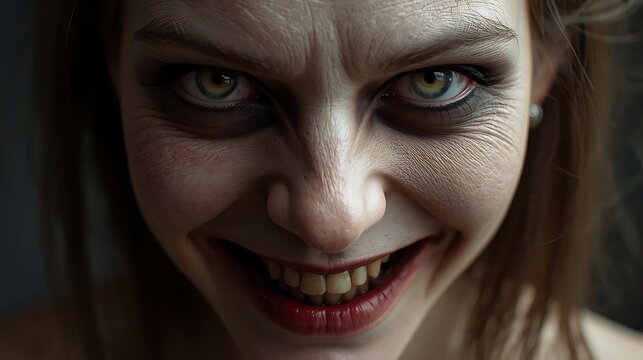 Scary female face staring intensely with dark eyes