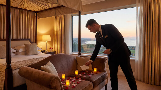 Hotel staff prepares romantic room with candles rose petals envelope luxury bed ocean window warm evening light for honeymoon surprise hospitality service premium resort welcome scene