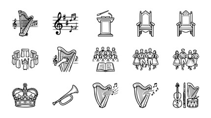 Collection of Hand-Drawn Icons: Music, Royalty, Dance, and History Symbols © Quntul