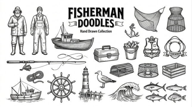 Hand-drawn fishing elements collection with vintage style illustrations of fishermen, boats, tackle, and marine life essentials
