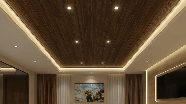 Modern living room with elegant wooden false ceiling and ambient lighting design.