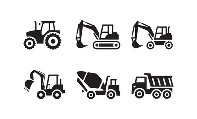 Naklejka premium Construction vehicles and equipment icons collection tractor excavator concrete mixer and dump truck.