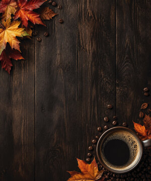 Rustic Wood Background with Coffee Beans and Autumn Leaves for Flyer and Poster Design