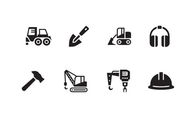Fototapeta premium Set of construction icons featuring heavy machinery and safety equipment in flat style.