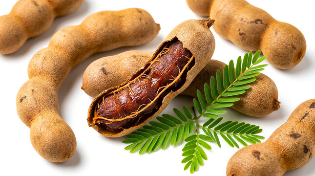Sweet Tamarind Fruit Whole and Cracked Shell with Seeds on White Background