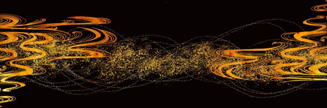 金箔、金粉、砂子の舞うテクスチャー、金ブラシストロークと黒背景イラスト