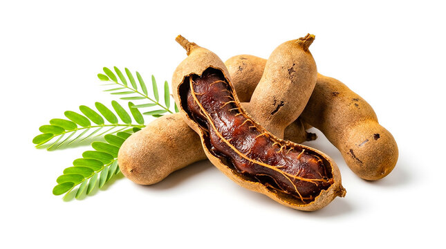 Sweet Tamarind Fruit Whole and Cracked Shell with Seeds on White Background