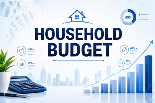 Blue financial graphic showing household budget text, home icon, charts, calculator, plant, and rising growth arrow for personal finance planning.