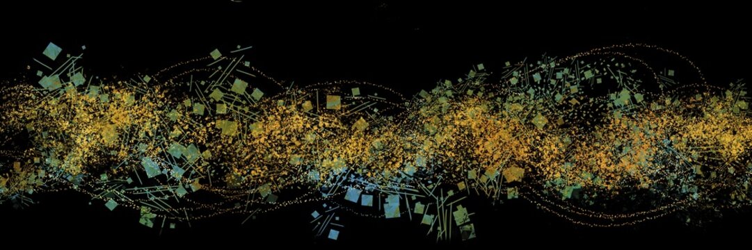 金箔、金粉、砂子の舞うテクスチャー、金ブラシストロークと黒背景イラスト