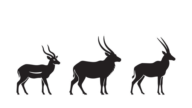 Three Antelope Silhouettes Icon Set with Long Horns Standing Side View